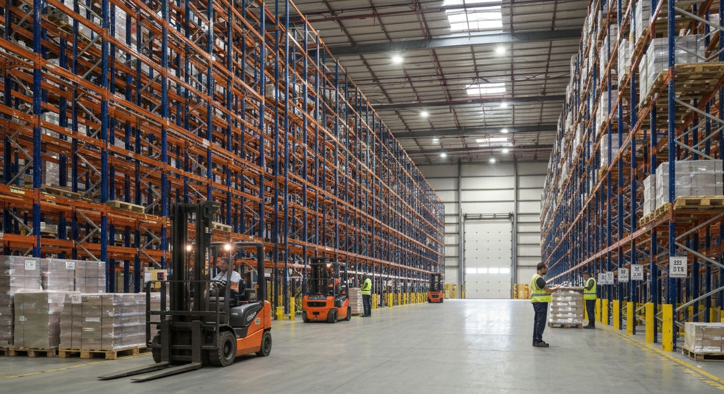 Warehouse with forklifts and safety operations